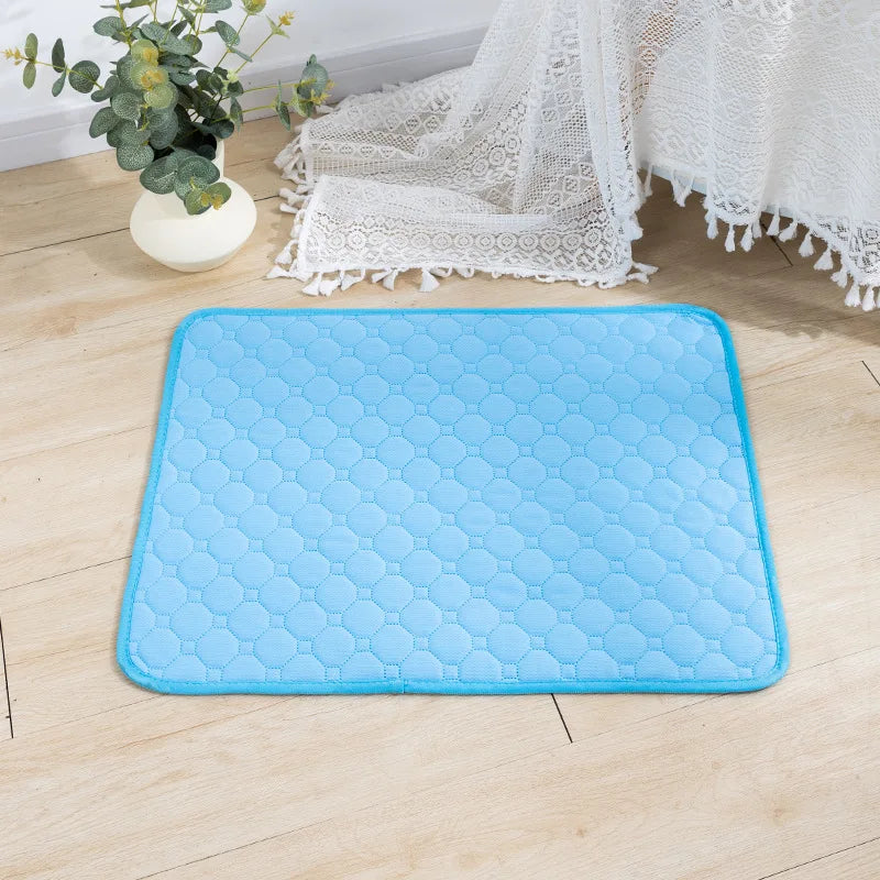 A bright blue reusable washable pet training mat placed on a light wooden floor next to a white lace fabric.