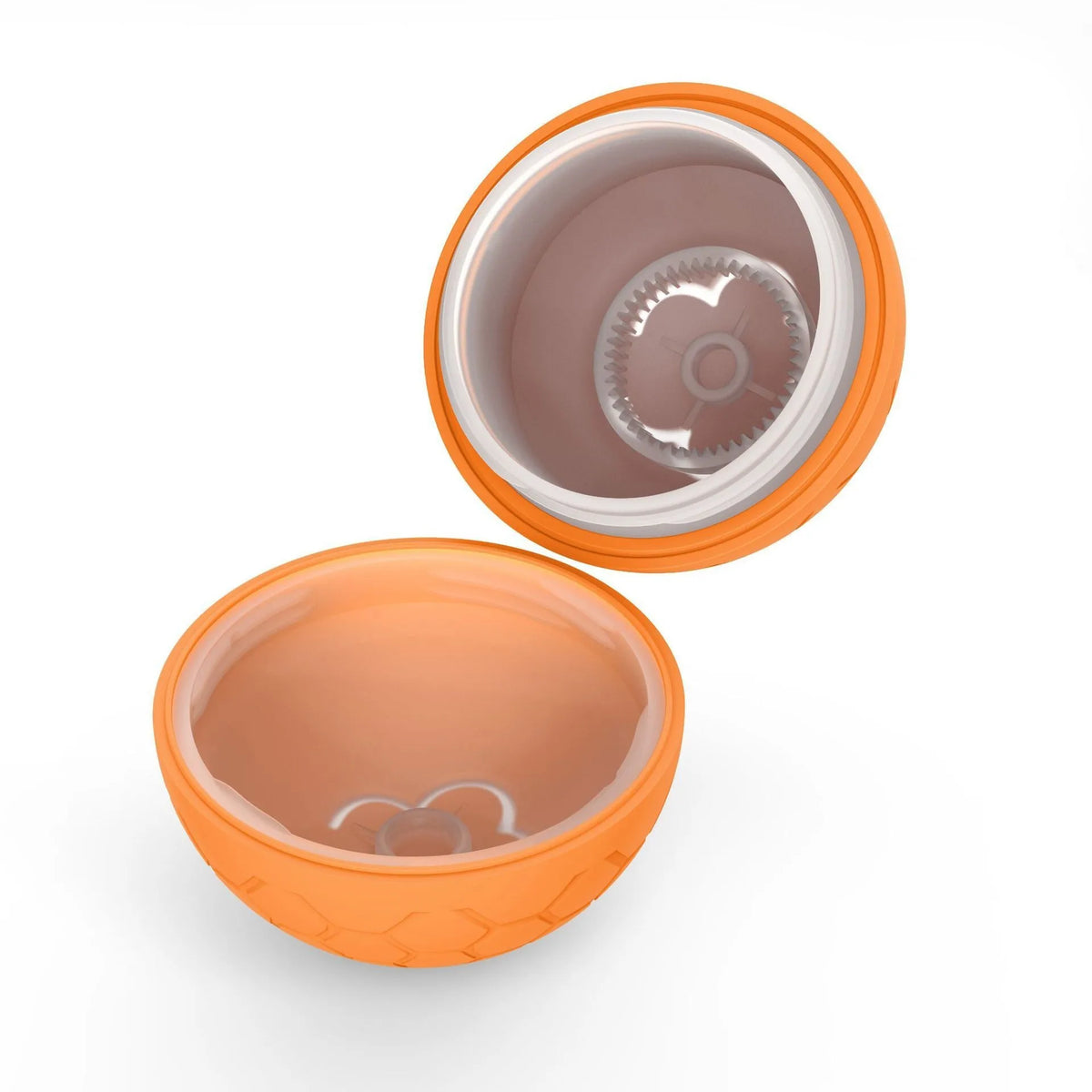 Oranger elektronischer Spielball für Hunde mit klappbarem Deckel und internem Mechanismus.