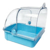 Clear plastic external bird bath for cages and parakeets with a light blue base.