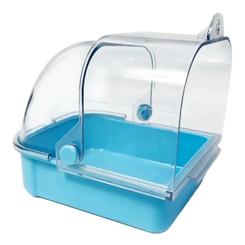 Clear plastic external bird bath for cages and parakeets with a light blue base.