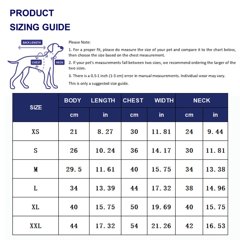 Guide des tailles pour chien montrant les mesures en centimètres et en pouces pour différentes tailles.