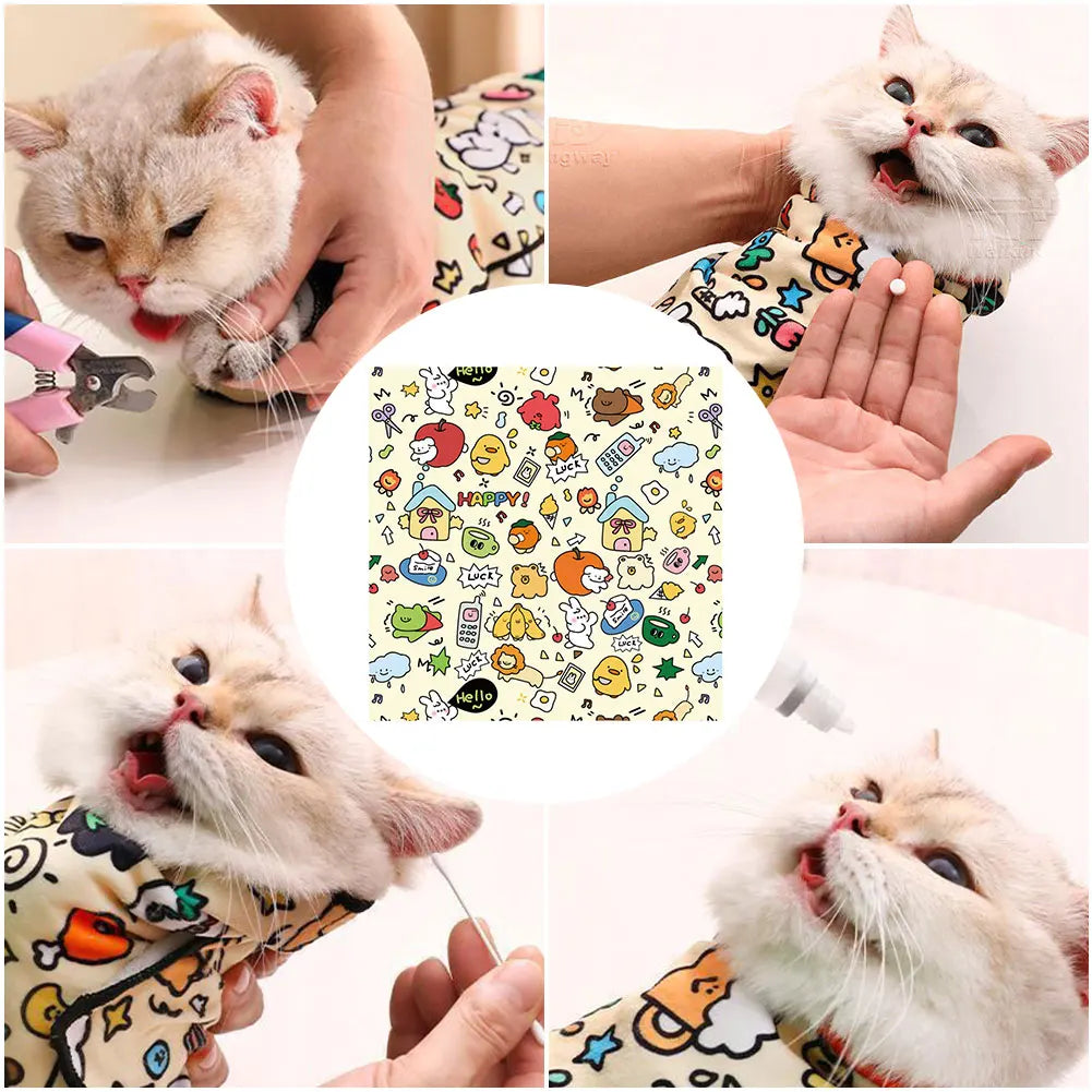 A fluffy white cat is being gently held by a person, with an open circle showing various colorful stickers and accessories.