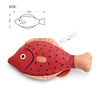 A red and orange plush toy shaped like a fish for cats.
