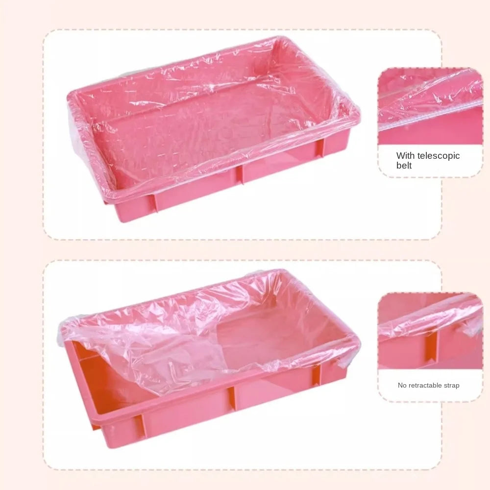 Rosa Einweg-Tierkäfig-Schale, gezeigt mit und ohne Teleskopgurt oder Zugband.