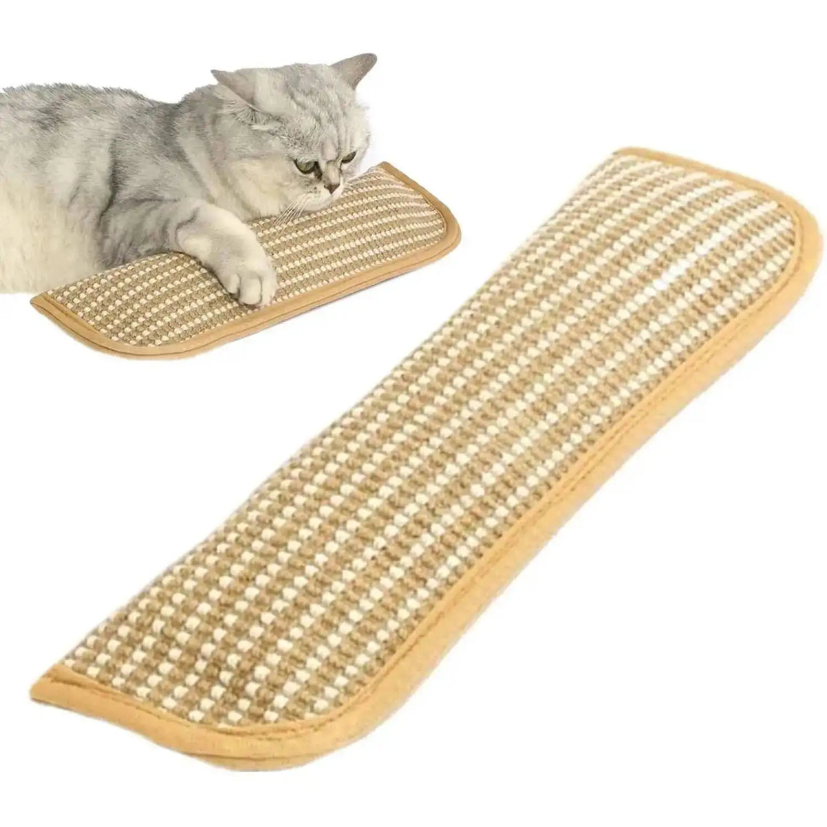 A fluffy gray cat is resting on a beige, textured scratching mat designed for cats.