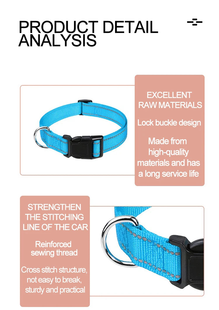 A blue nylon dog collar with a black buckle and reinforced stitching is shown for product detail analysis.