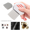 Stainless steel lice removal comb with a silicone grip shown being held by a hand, next to various insects.