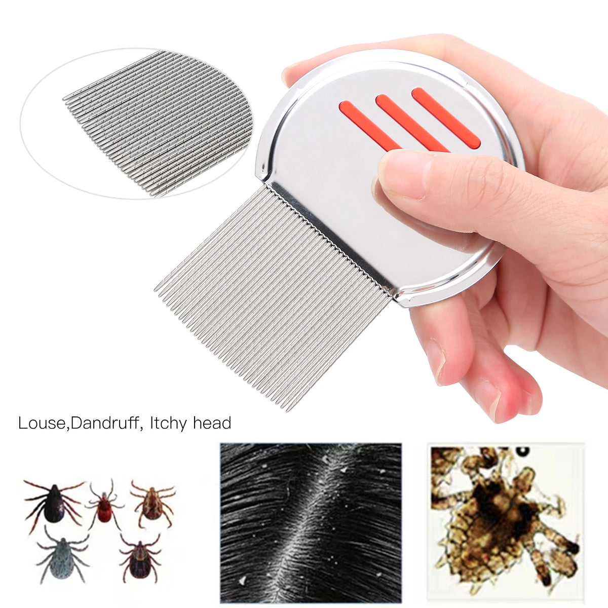 Stainless steel lice removal comb with a silicone grip shown being held by a hand, next to various insects.