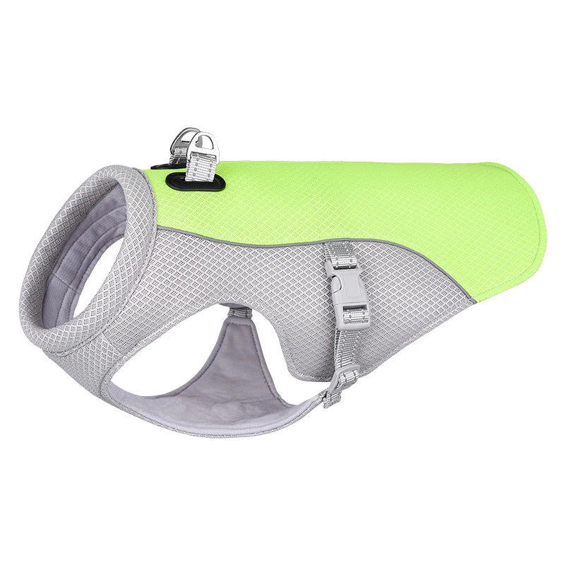 A lime green evaporative cooling dog vest with a gray mesh harness and reflective hardware.