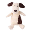 A stuffed dog toy with a light cream body and brown ears, featuring corduroy texture and fun animal designs.