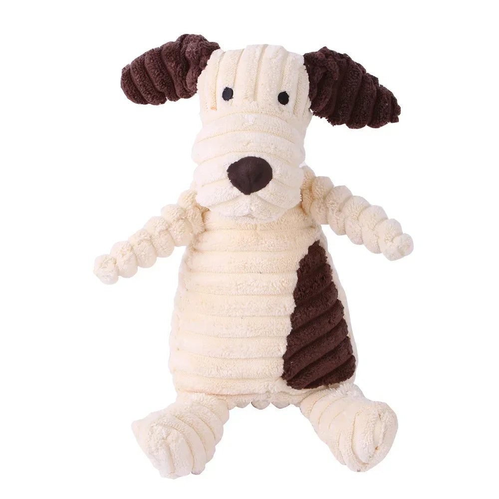 A stuffed dog toy with a light cream body and brown ears, featuring corduroy texture and fun animal designs.