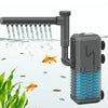 A gray aquarium filter pump with multiple outlets is shown operating in water with fish and aquatic plants.