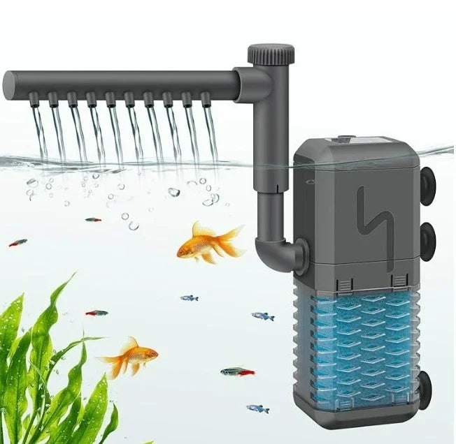 A gray aquarium filter pump with multiple outlets is shown operating in water with fish and aquatic plants.