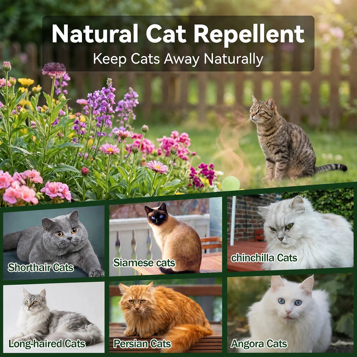 A collection of cats, including shorthair, Siamese, and long-haired breeds, are shown near natural cat repellent plants.