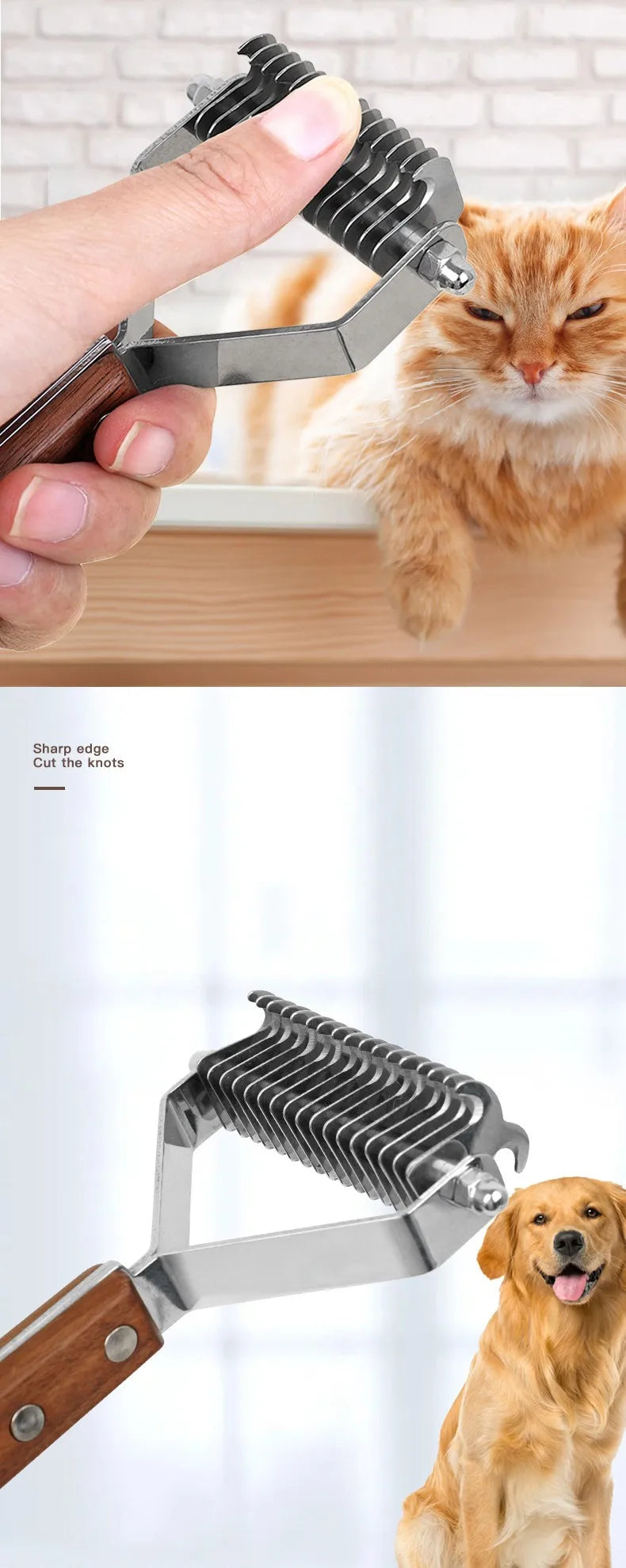 A hand holds a double-sided dog grooming comb and brush set, with a cat looking at the product.