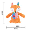 An orange plush toy resembling a fox with blue and white stripes and a black nose, measuring 25cm tall and 22cm long.