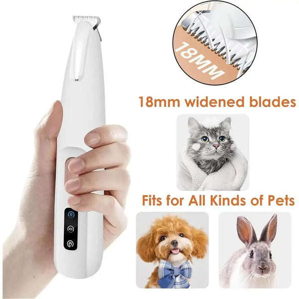 A white precision pet grooming trimmer with widened blades is shown being held by a hand, alongside examples of pets it fits.