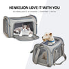 A gray travel pet carrier bag is shown with a cat inside, highlighting its air-conditioned and comfortable features.
