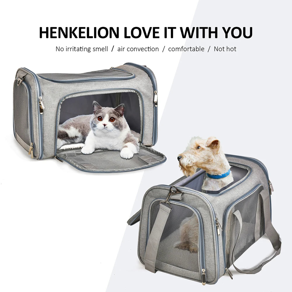 A gray travel pet carrier bag is shown with a cat inside, highlighting its air-conditioned and comfortable features.