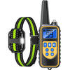 A black electric dog training collar with a yellow display and a green patterned strap.