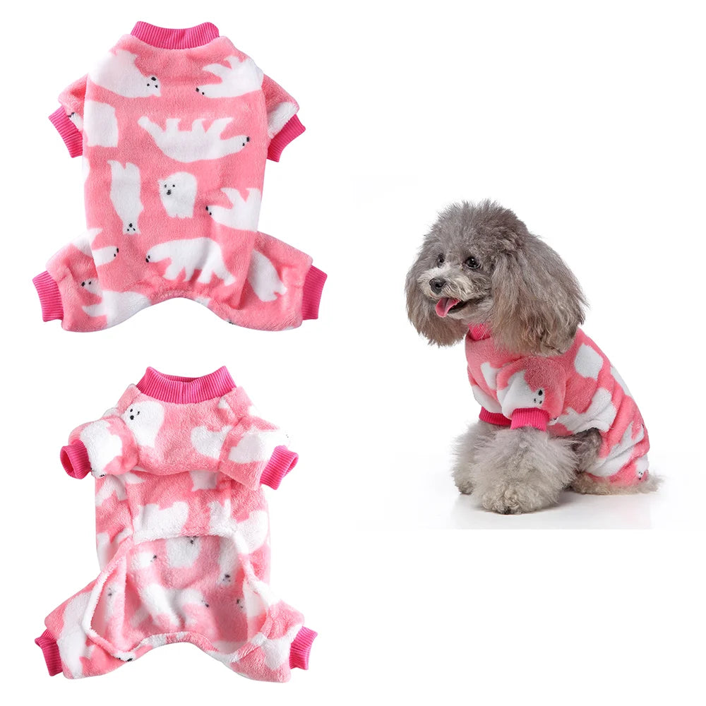 Pink and white patterned cozy winter overalls for a small dog
