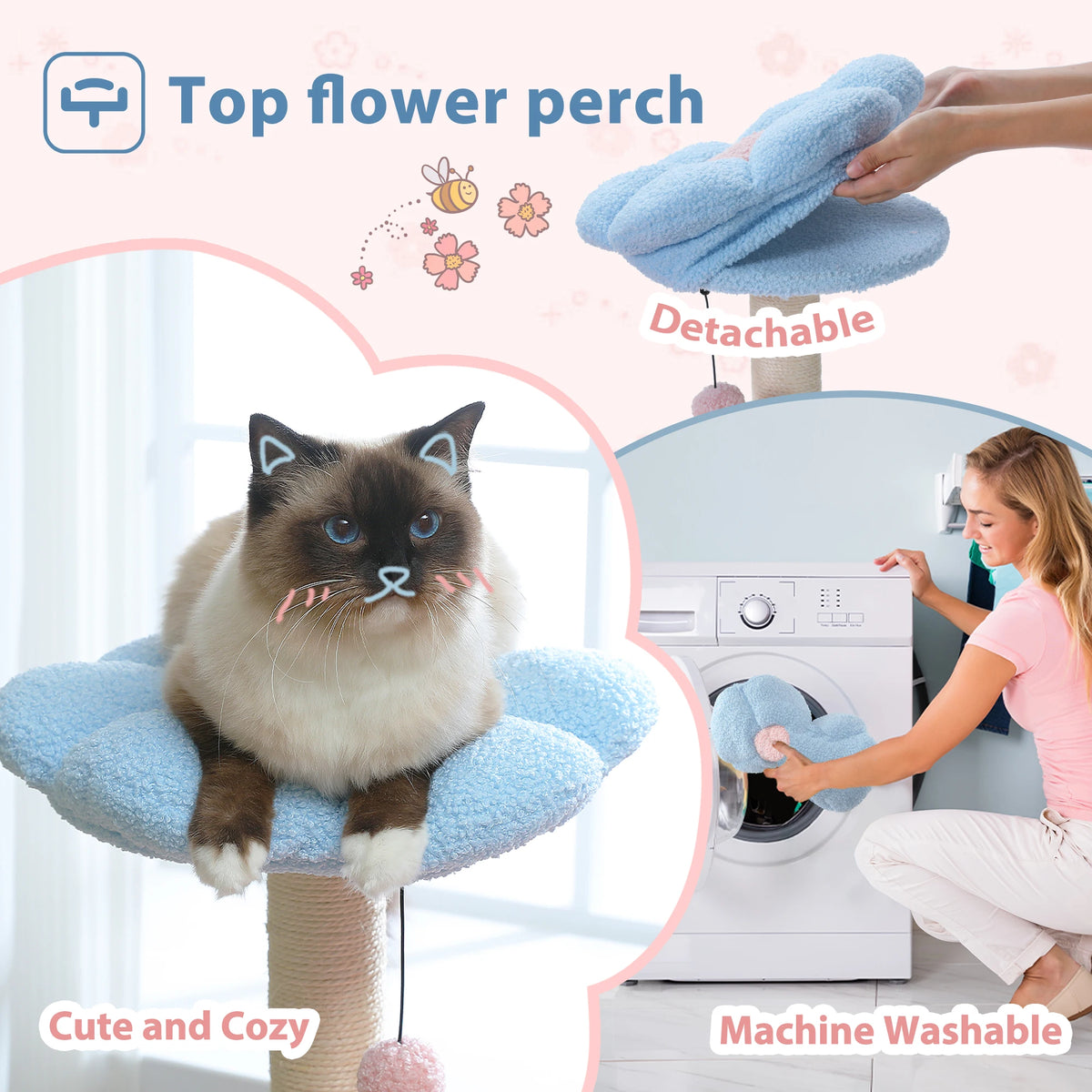Ein flauschiger Kater sitzt auf einem blauen Blütenstand, der die niedlichen und gemütlichen Merkmale des oberen Blütenstande