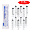 Un pack de dix seringues Luer-slip en plastique pour la mesure de liquides dans un sac transparent.
