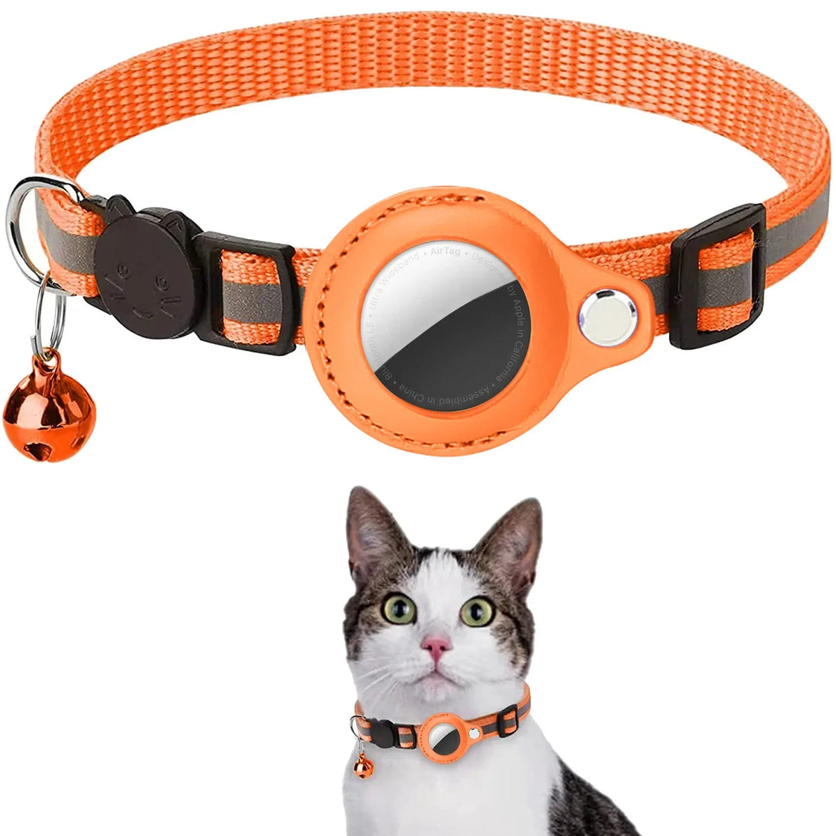An orange smart cat collar with a silver AirTag holder and breakaway buckle, shown next to a cat.