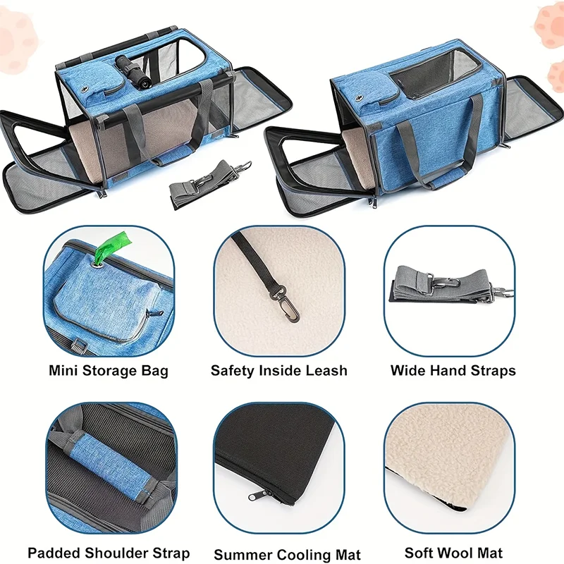 Blue breathable mesh pet carrier bag with storage features and various straps