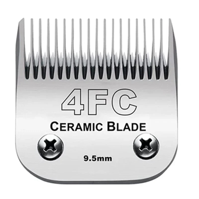 Lame de toilettage en céramique argentée avec marquage 4FC et indicateur de taille 9,5 mm.