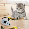 A small, fluffy yellow mouse toy is shown next to a gray cat toy, simulating a hunting game for a kitten.