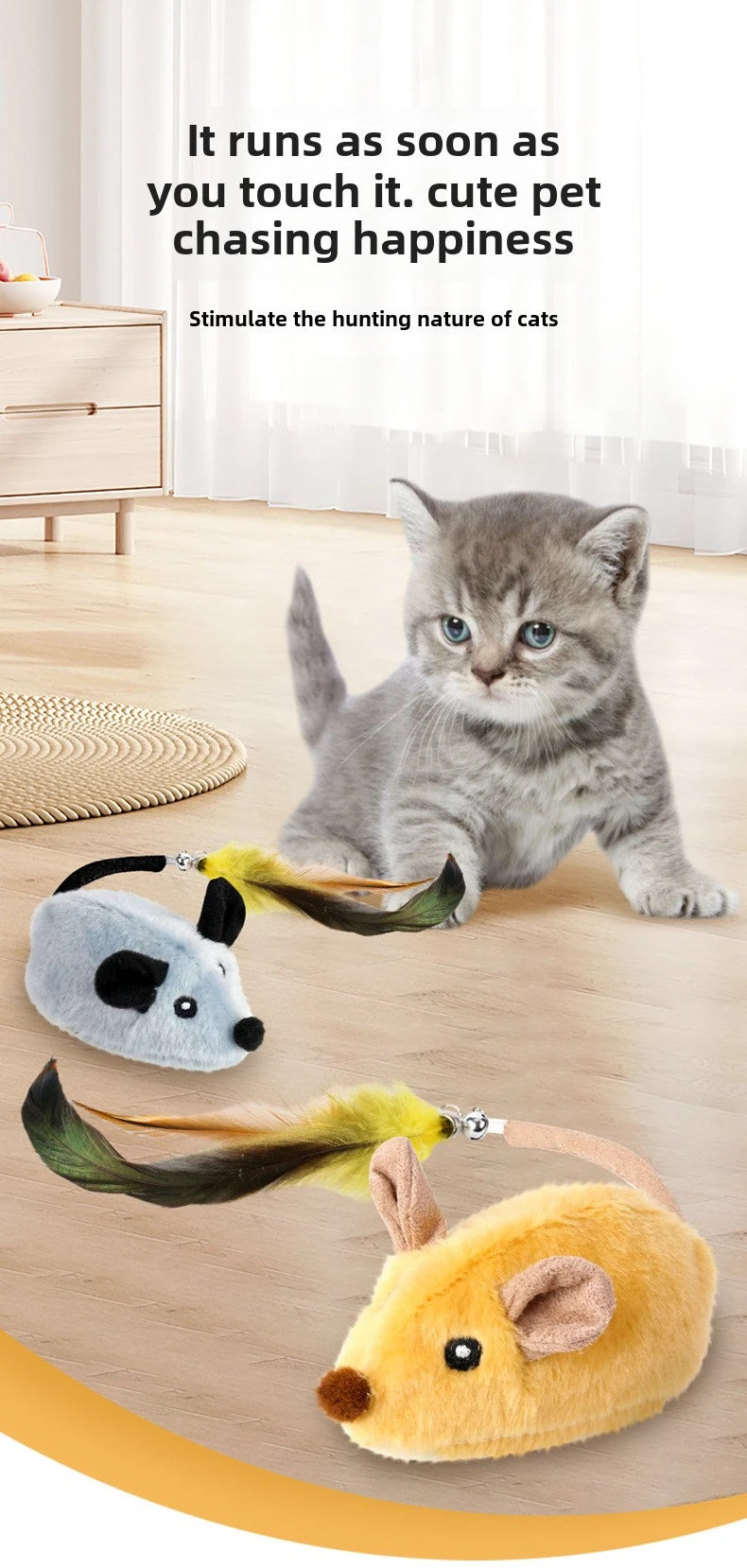 A small, fluffy yellow mouse toy is shown next to a gray cat toy, simulating a hunting game for a kitten.