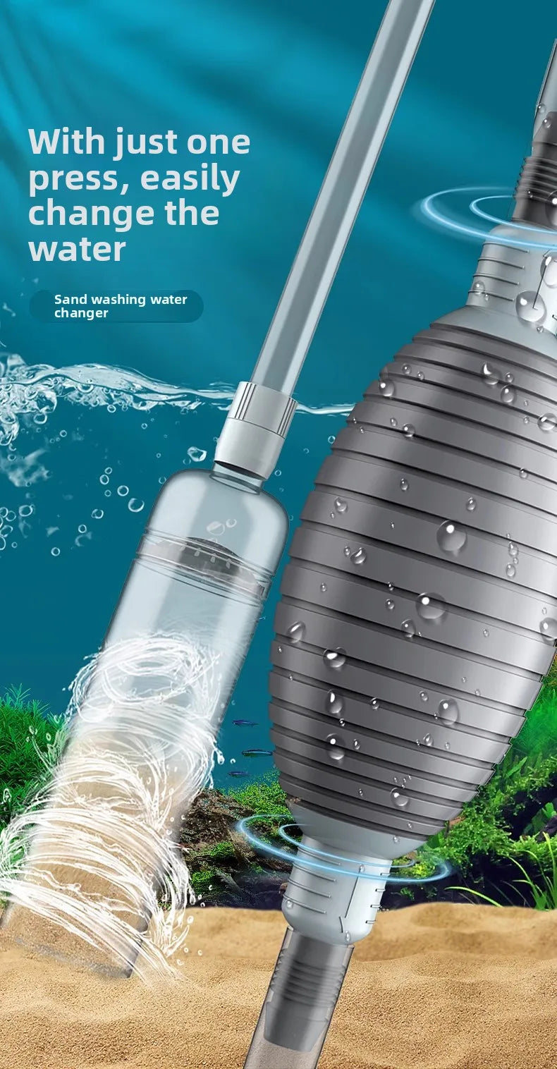 Un siphon argenté lave l'eau et le sable, montrant une façon facile de changer l'eau d'un aquarium.