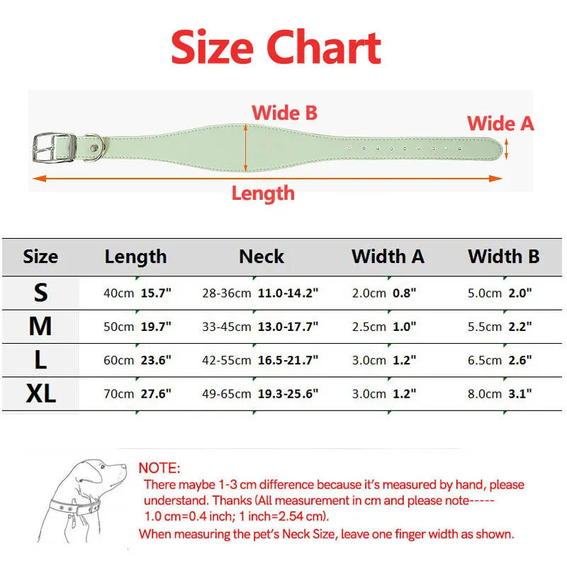 Size chart showing dimensions for S, M, L, and XL sizes of a wide leather dog collar.