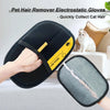 A hand is using a black electrostatic glove with a yellow grip to remove cat hair from a pet.