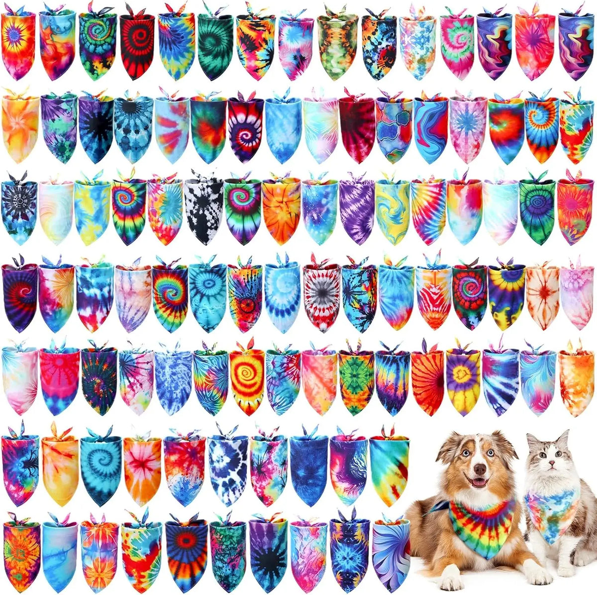 A collection of 100 donut print dog bandanas in various holiday colors and patterns.