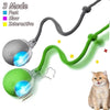 Three modes of an automatic interactive cat toy featuring a ball and a faux tail, shown with gray, green, and yellow options.