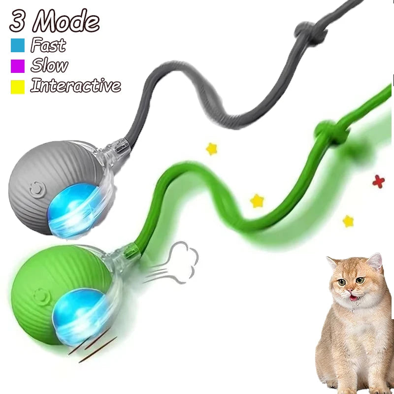 Three modes of an automatic interactive cat toy featuring a ball and a faux tail, shown with gray, green, and yellow options.