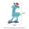 A light blue plush bone dog squeaky chew toy with a red nose and yellow tag.