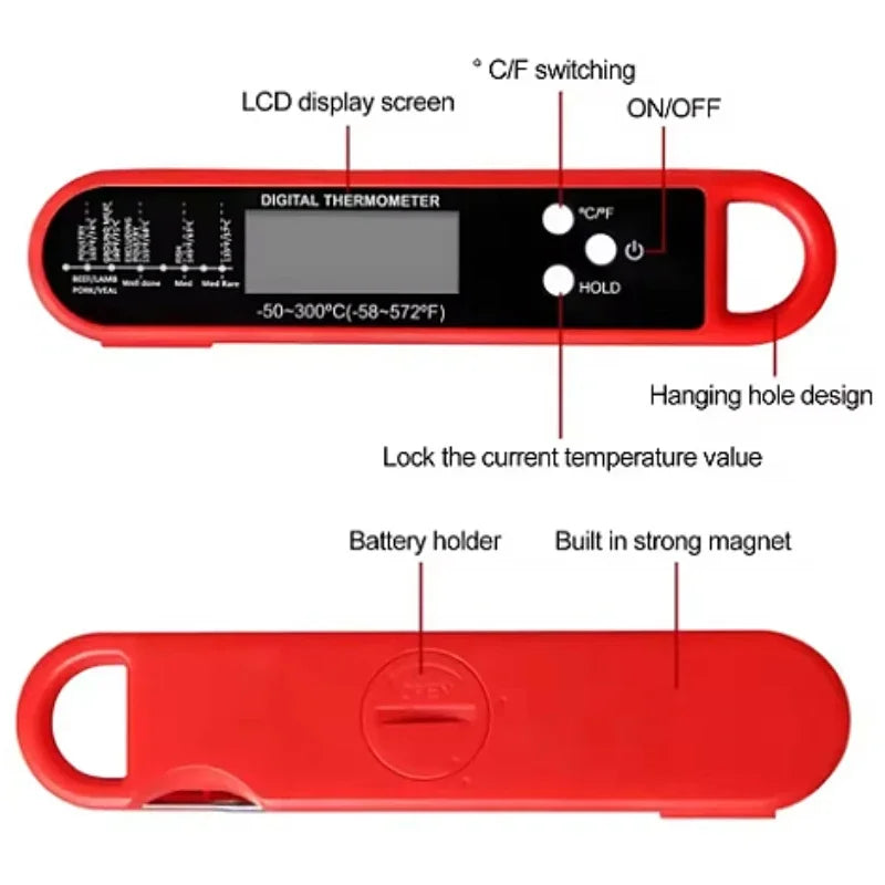 A red digital thermometer with an LCD display, ON/OFF switch, HOLD function, and a hanging hole design.
