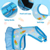 A light blue adjustable mesh rabbit harness featuring a safety buckle, hook and loop, and soft edges.
