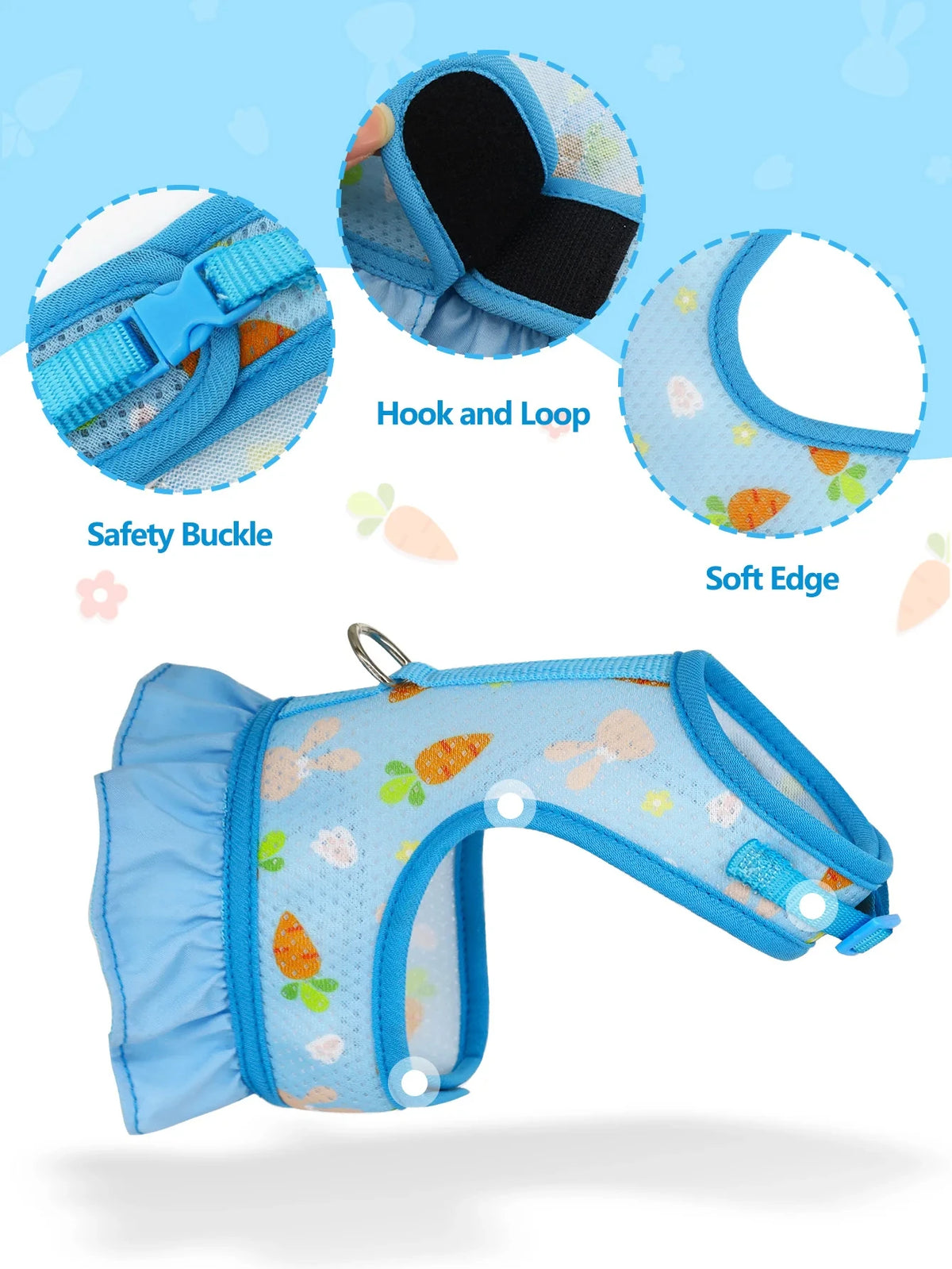 A light blue adjustable mesh rabbit harness featuring a safety buckle, hook and loop, and soft edges.