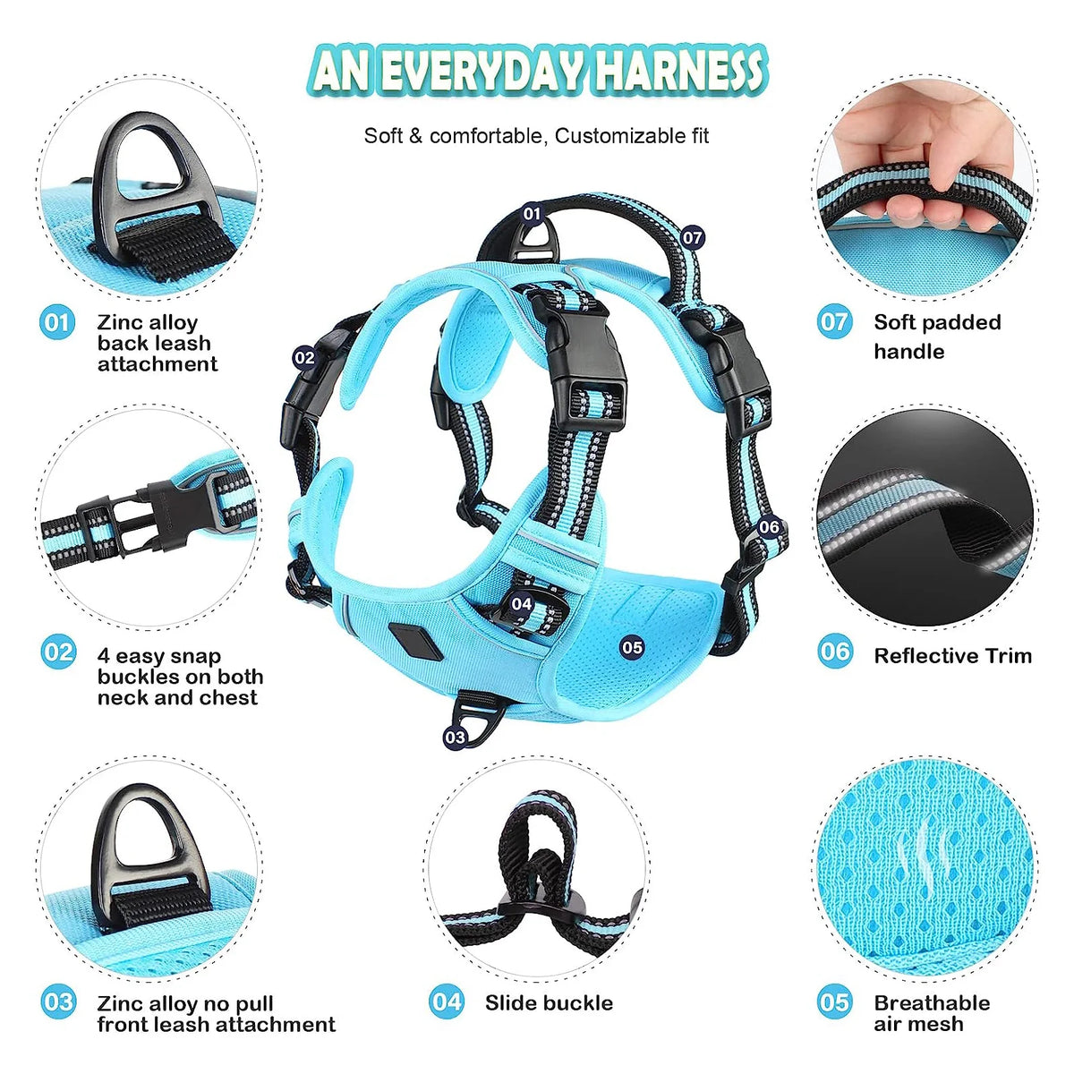 Blue everyday harness for pets featuring zinc alloy leashes, snap buckles, and a soft padded handle.