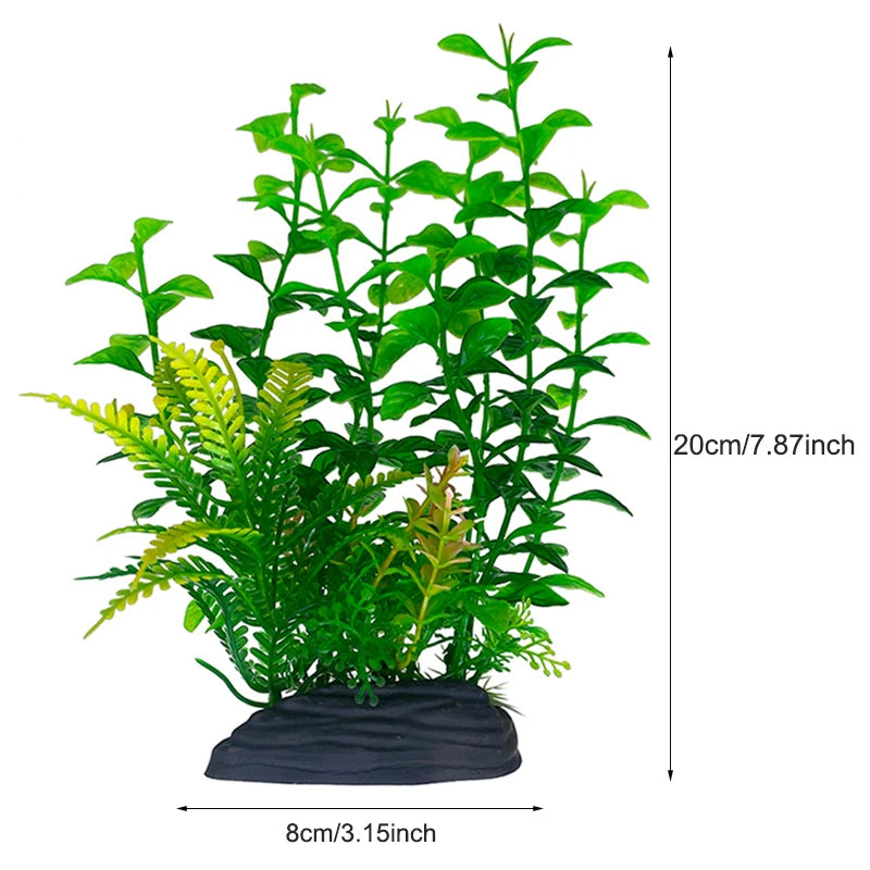 Plante aquatique artificielle verte vibrante avec feuillage luxuriant dans un pot noir.