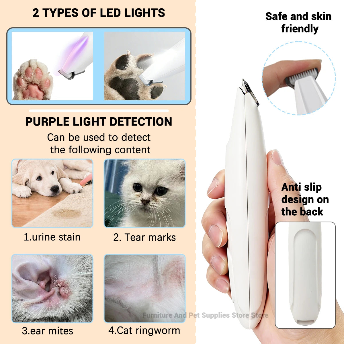 Cortador de pelo para mascotas blanco con luz LED para detectar manchas de orina, marcas de lágrimas, ácaros y sarna.