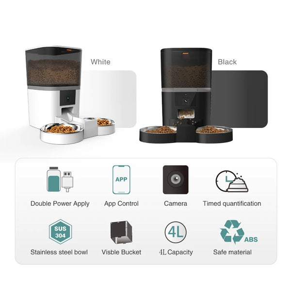 White and black automatic pet feeder devices showing features like double power, app control, camera, timed quantification, 4