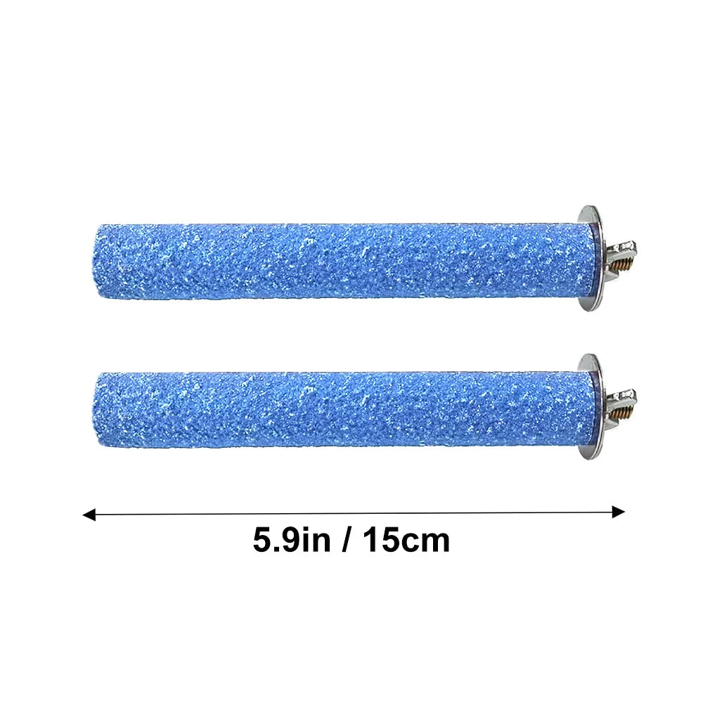 A long, cylindrical blue glitter perch stand made of natural wood for parrots and birds.