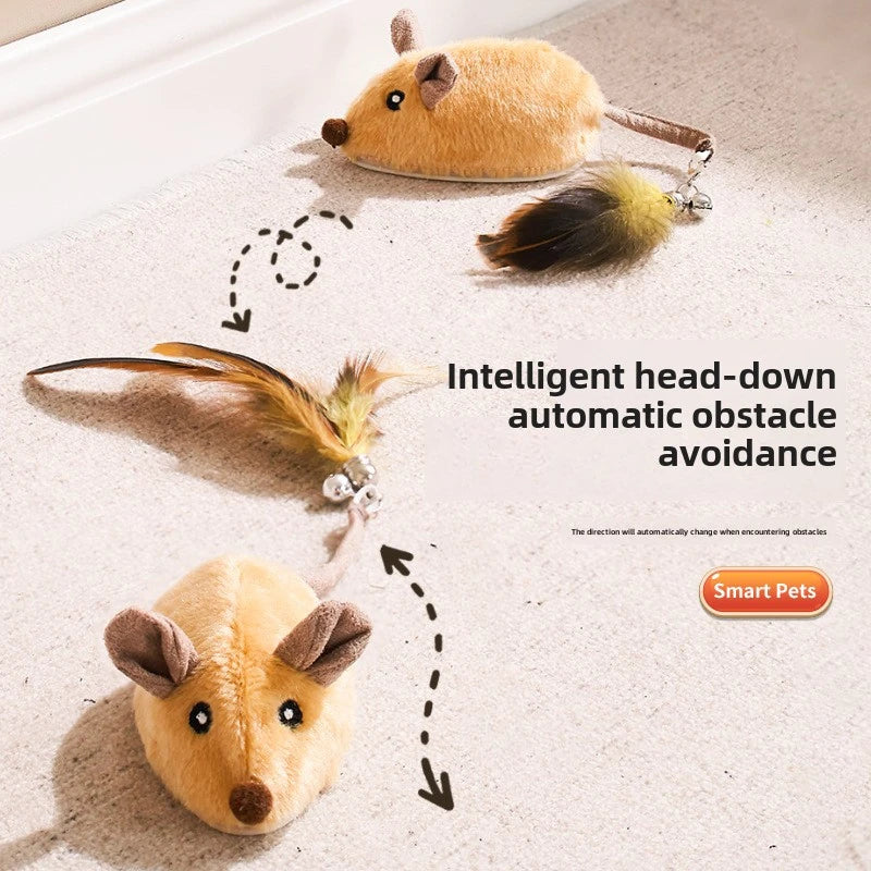 An intelligent head-down automatic obstacle avoidance pet toy resembling a golden mouse.