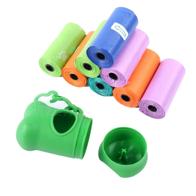 A set of bone-shaped poop bag dispensers in various colors including green, purple, orange, and pink.