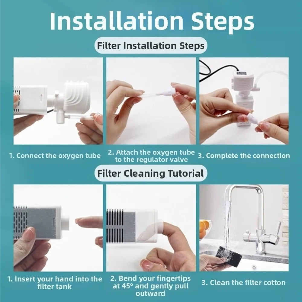 Installation steps for a filter, showing how to connect the oxygen tube and clean the filter cotton.